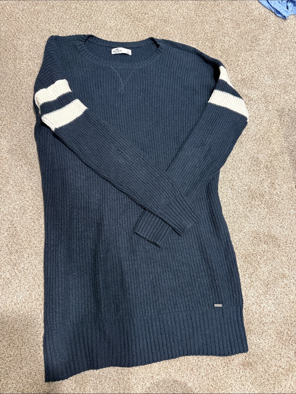 Hollister Navy Crewneck Sweater Dress with White Sleeve Stripes
